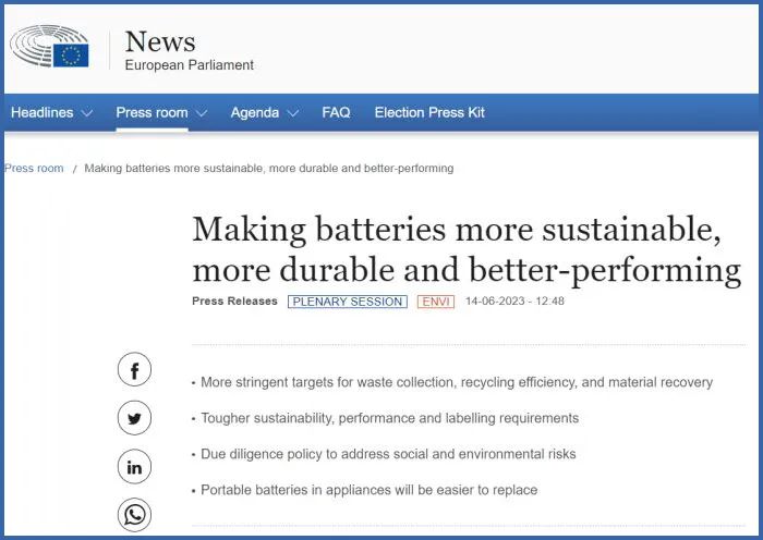 欧盟新电池法规（EU）2023/1542