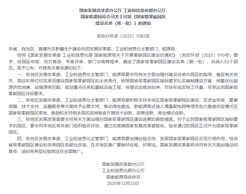 国家级零碳园区建设名单